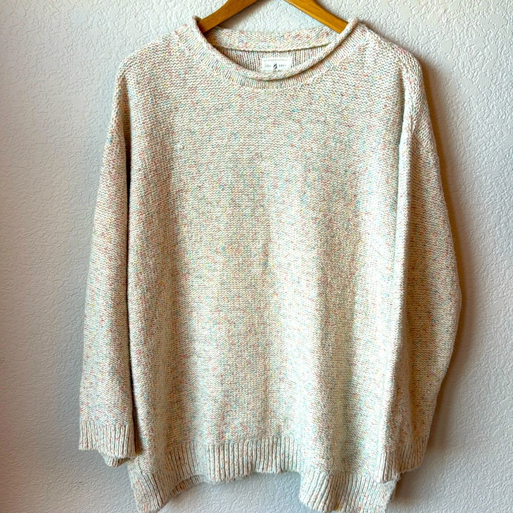 LOU & GREY Cowl Cream and Pastel thread sweater XL with deep slits on side.